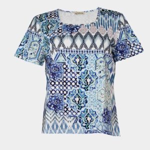 Camiseta mujer punto manga corta escote redondo estampado combinación abstracta en tonos azulados y verdosos