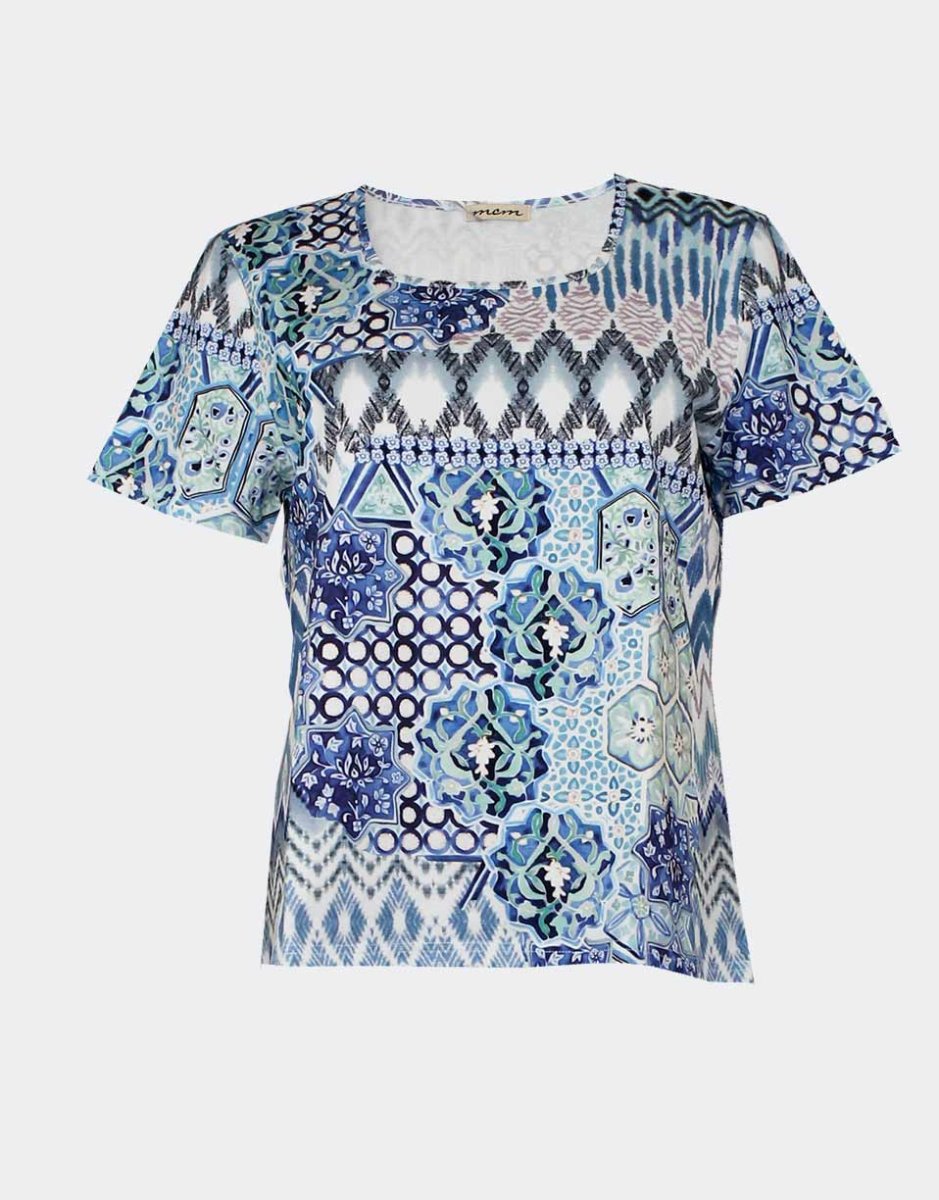 Camiseta mujer punto manga corta escote redondo estampado combinación abstracta en tonos azulados y verdosos - Imagen 2
