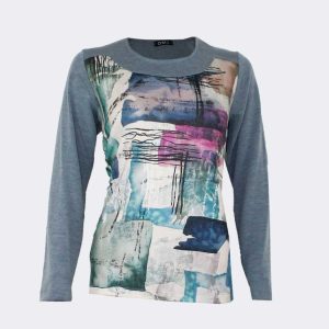 Camiseta mujer punto ‘grueso’ escote redondo, delantero estampado abstracto