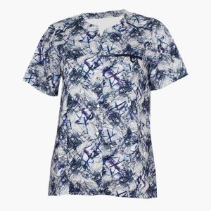 Blusa manga corta cuello ‘mao’ estampado ambstracto en tonos azules, beig y lilas