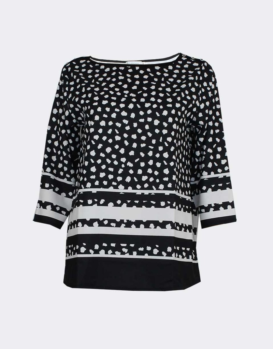 Camiseta mujer tela manga 3/4 escote redondo con detalle botones etampado blanco y negro - Imagen 2