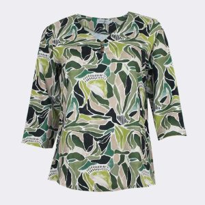 Camiseta mujer tela manga 3/4 escote pico con botones estampado en verdes