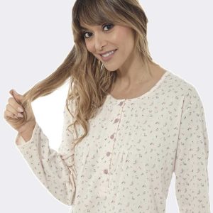 Camisón mujer de punto fino con tapeta y pliegues estampado florecitas en salmón