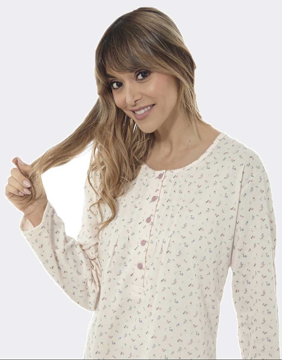 Camisón mujer de punto fino con tapeta y pliegues estampado florecitas en salmón - Imagen 2