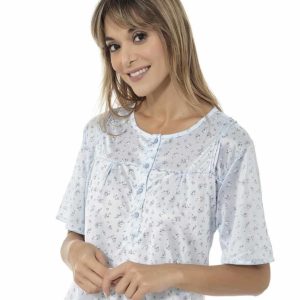 Camisón mujer punto SEDA manga corta con tapeta y canesú estampado florecitas