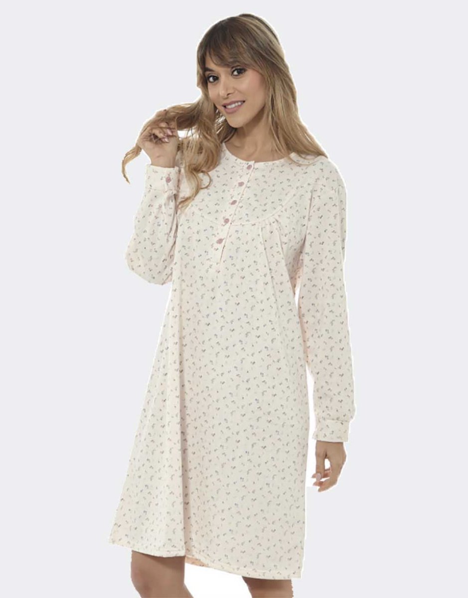 Camisón de mujer punto felpa con tapeta botones y canesú estampado florecitas - Imagen 2
