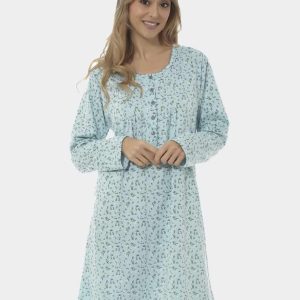 Camisón de mujer punto fino con tapeta y pliegues estampado hojitas en verde