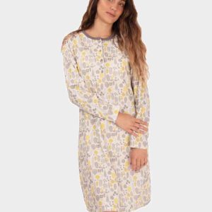 Camisón de mujer de punto felpa tapeta botones estampado hojas amarillo y grises