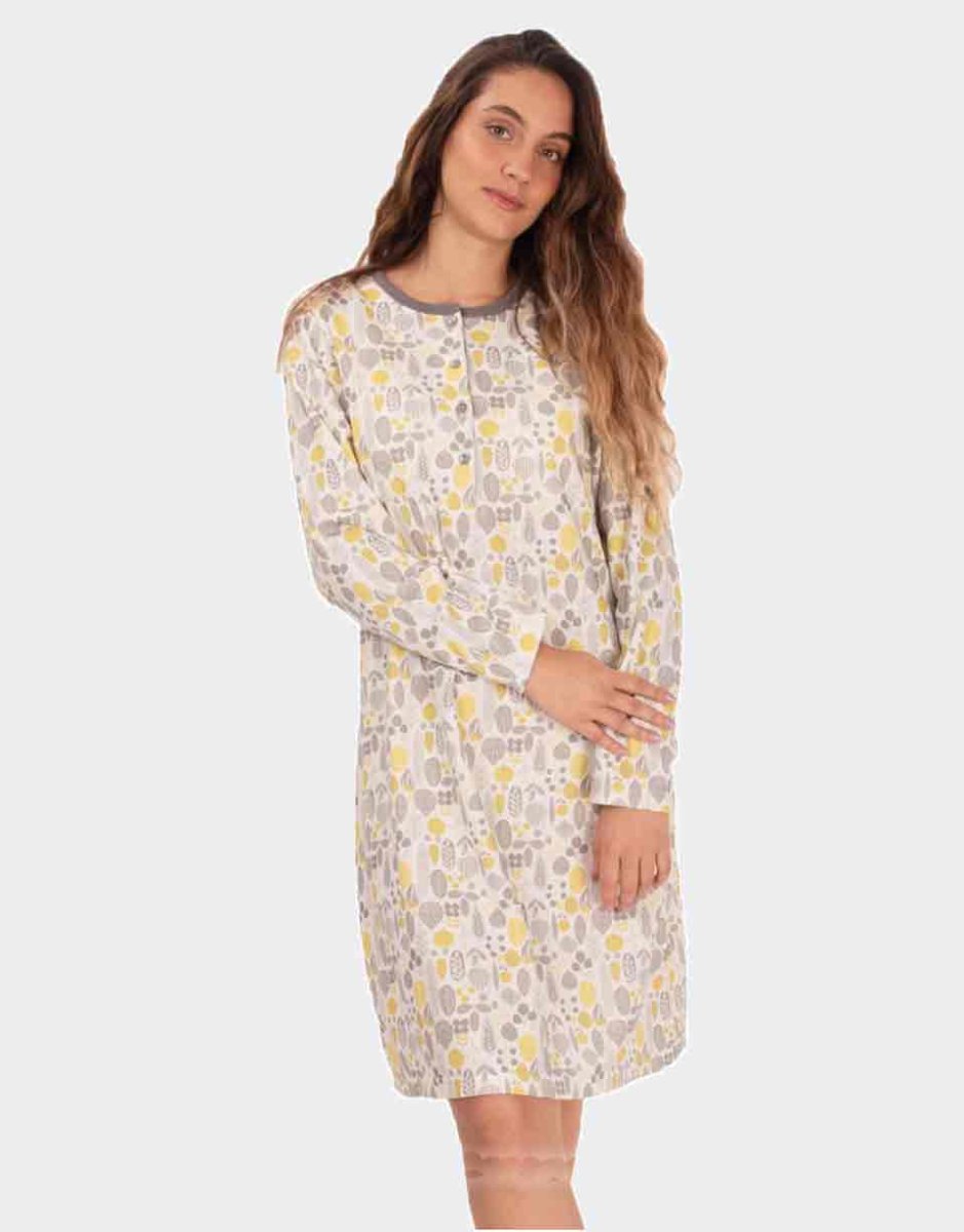 Camisón de mujer de punto felpa tapeta botones estampado hojas amarillo y grises - Imagen 2