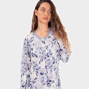 Camisón de mujer punto fino algodón manga larga  escote pico con botones y detalle puntilla estampado floral