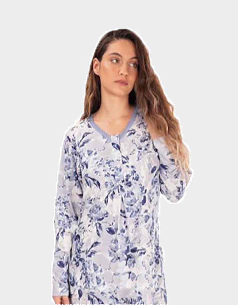 Camisón de mujer punto fino algodón manga larga escote pico con botones y detalle puntilla estampado floral