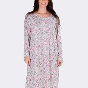 Camisón mujer punto fino manga larga con tapeta botones y canesú, estampado flores a tonos rosas