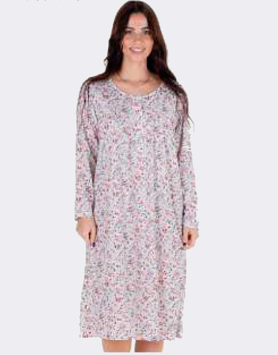 Camisón mujer punto fino manga larga con tapeta botones y canesú, estampado flores a tonos rosas