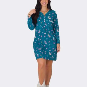 Camisón mujer punto manga larga escote pico con abertura con bolsillo estampado de flores