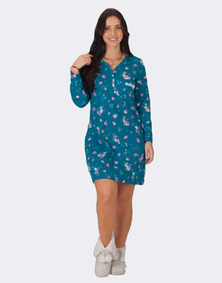 Camisón mujer punto manga larga escote pico con abertura con bolsillo estampado de flores