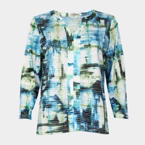 Camiseta mujer manga 3/4 punto fino escote pico con cuello mao estampado verde-azul