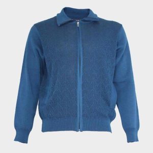 Chaqueta de hombre punto cuello vuelto con cremallera y bolsillos, parte delantera en relieve bicolor fino