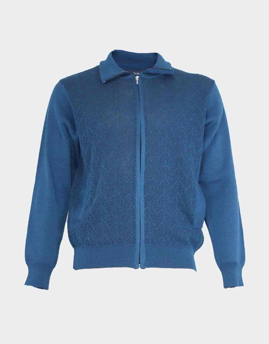 Chaqueta de hombre punto cuello vuelto con cremallera y bolsillos, parte delantera en relieve bicolor fino