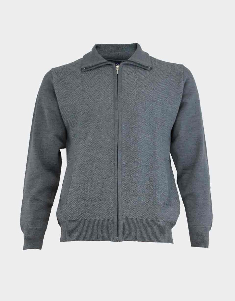 Chaqueta de hombre punto cuello vuelto con cremallera y bolsillos, parte delantera en relieve bicolor fino - Imagen 3