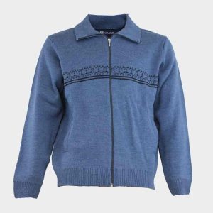 Chaqueta de hombre en punto con cuello vuelto, cremallera y bolsillos, cenefa en el pecho