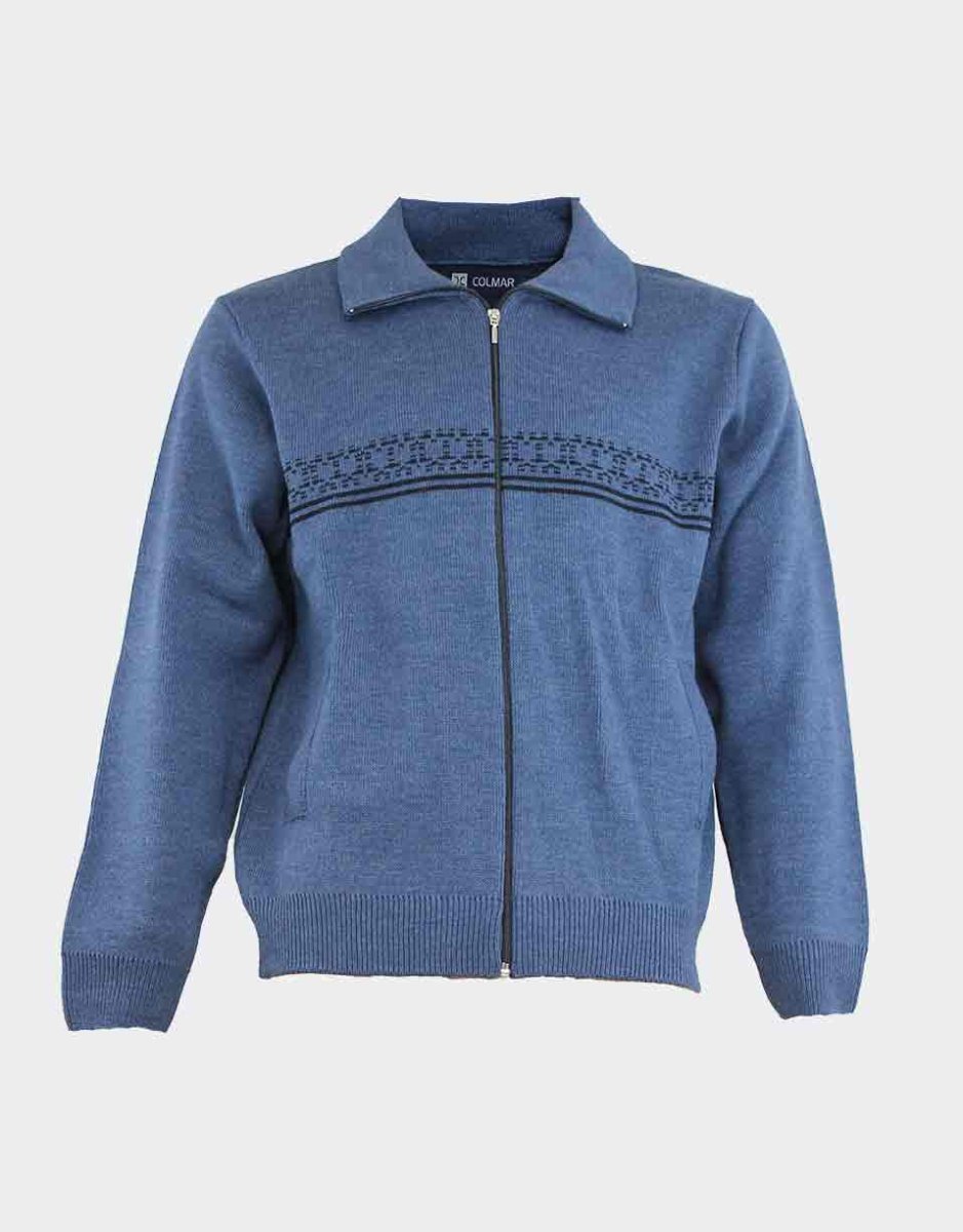 Chaqueta de hombre en punto con cuello vuelto, cremallera y bolsillos, cenefa en el pecho