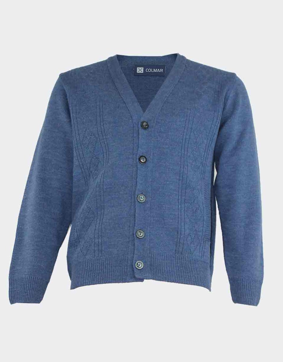 Chaqueta de hombre escote pico con botones y bolsillos, cenefa vertical en relieve en el delantero