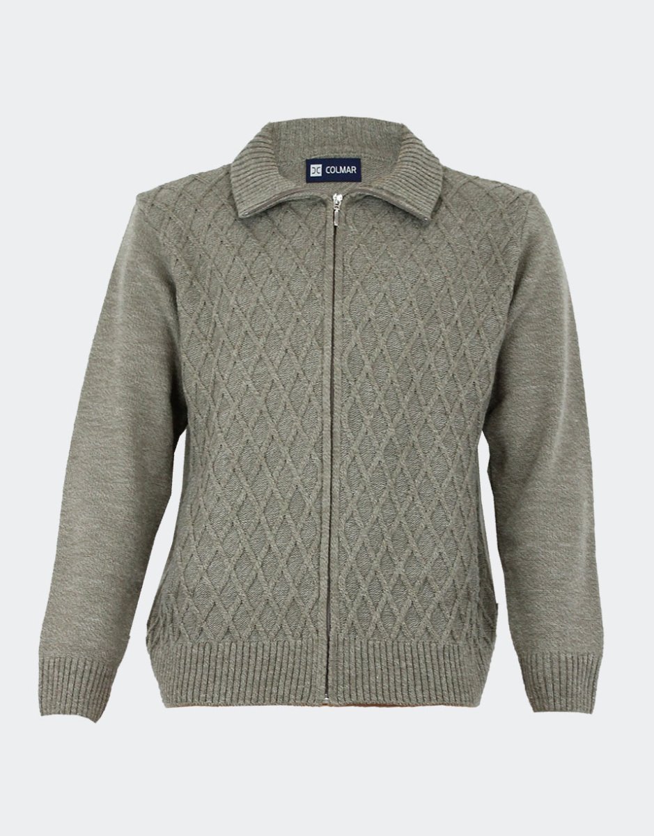 Chaqueta hombre punto con cremallera y bolsillos jaspeado con relieve delante rombos