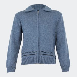 Chaqueta hombre punto cremallera cuello vuelto con bolsillos estampado jaspeado con detalle de cenefa a cuadritos