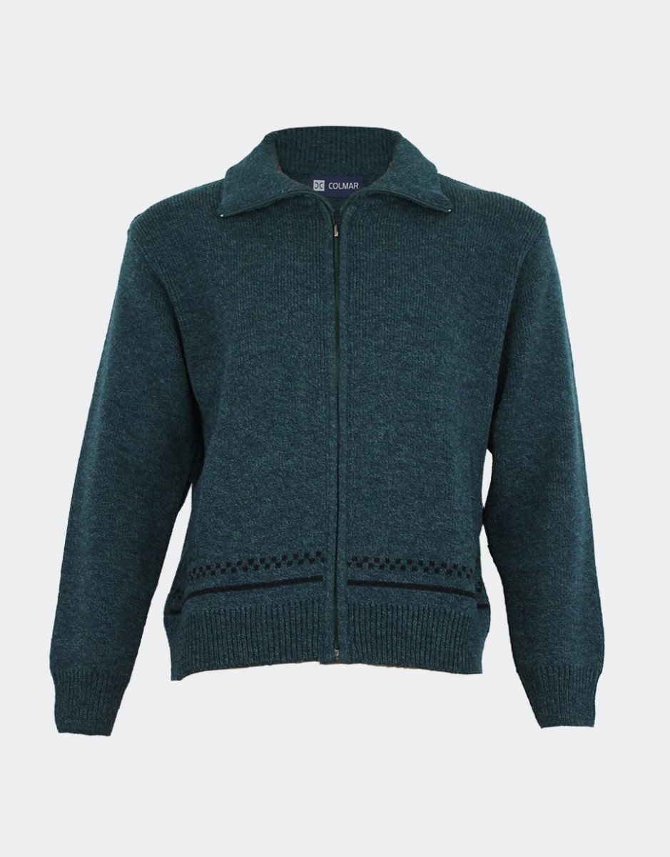 Chaqueta hombre punto cremallera cuello vuelto con bolsillos estampado jaspeado con detalle de cenefa a cuadritos - Imagen 3
