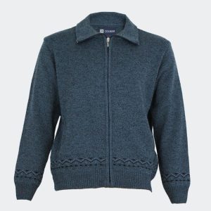 Chaqueta hombre punto cuello vuelto con cremallera bolsillos estampado jaspeado con detalle cenefa zigzag