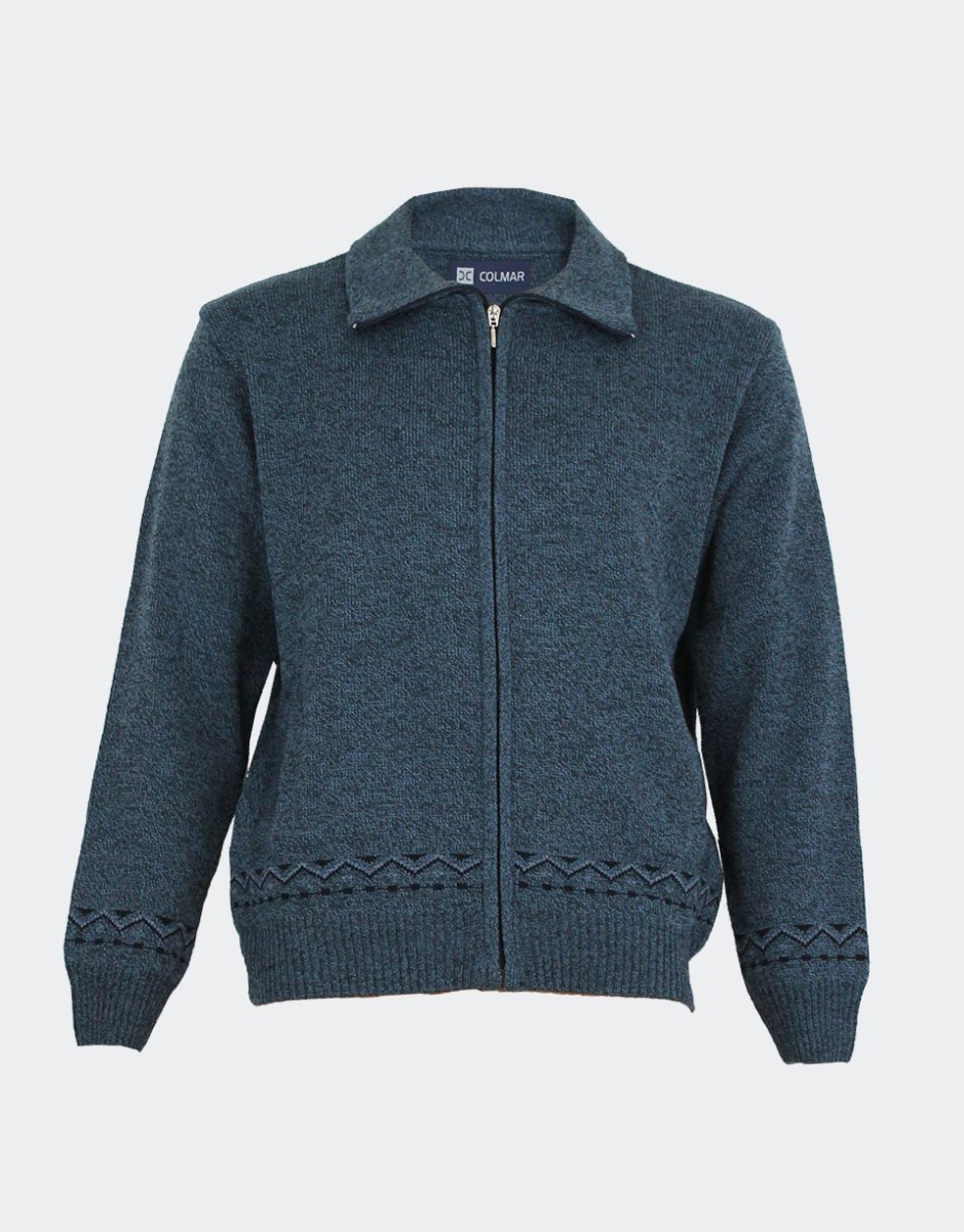 Chaqueta hombre punto cuello vuelto con cremallera bolsillos estampado jaspeado con detalle cenefa zigzag