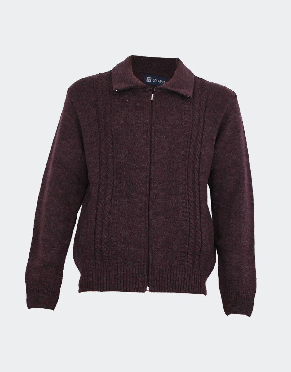 Chaqueta hombre cremallera cuello vuelto jaspeado relieves de trenzas rombos lana