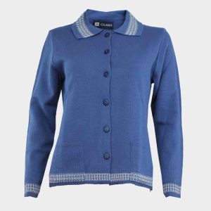 Chaqueta de mujer con cuello botones y bolsillos, detalle cenefa en cuello, manga y bajo