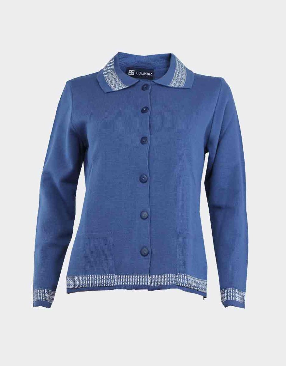 Chaqueta de mujer con cuello botones y bolsillos, detalle cenefa en cuello, manga y bajo