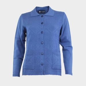 Chaqueta de mujer cuello polo con botones y bolsillos, delantero con relieve geométrico