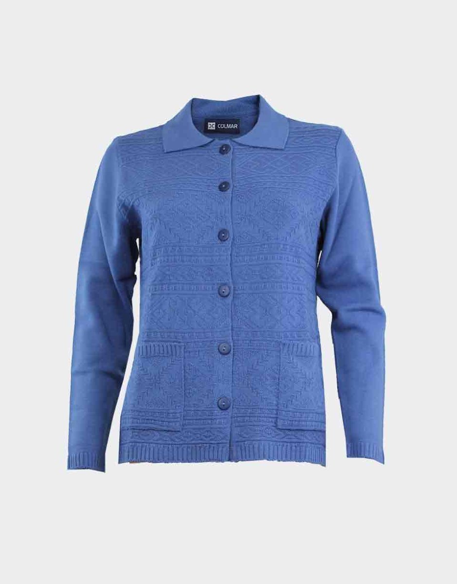 Chaqueta de mujer cuello polo con botones y bolsillos, delantero con relieve geométrico - Imagen 2