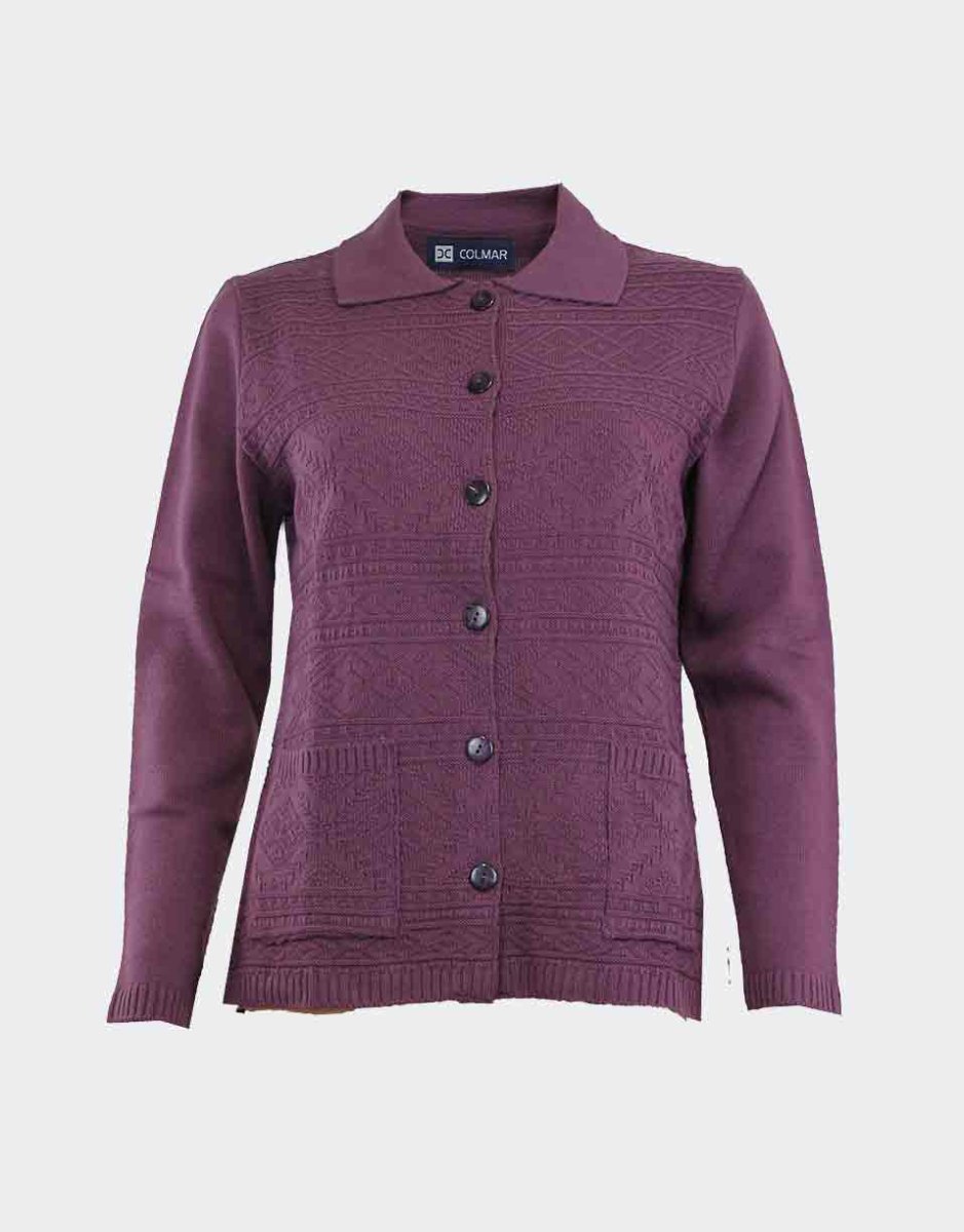 Chaqueta de mujer cuello polo con botones y bolsillos, delantero con relieve geométrico - Imagen 3