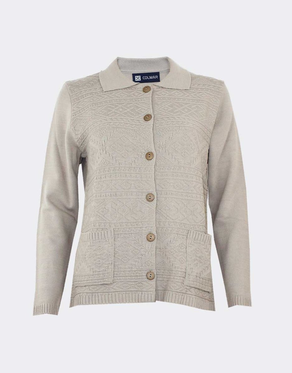 Chaqueta de mujer cuello polo con botones y bolsillos, delantero con relieve geométrico - Imagen 4