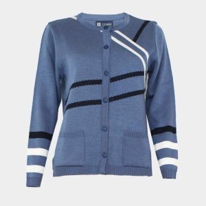 Chaqueta de mujer punto con cuello redondo botones y bolsillos con franjas cruzadas desiguales