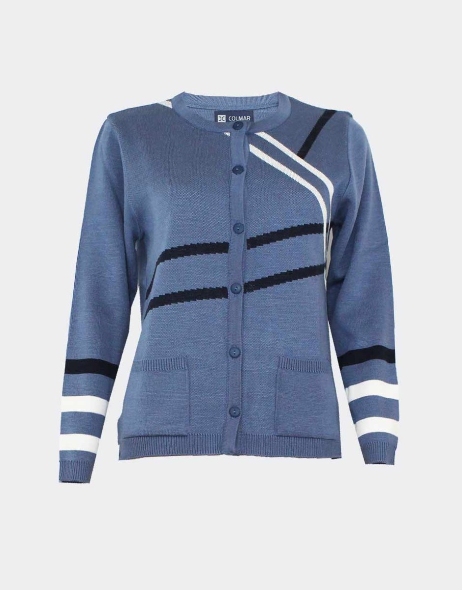Chaqueta de mujer punto con cuello redondo botones y bolsillos con franjas cruzadas desiguales
