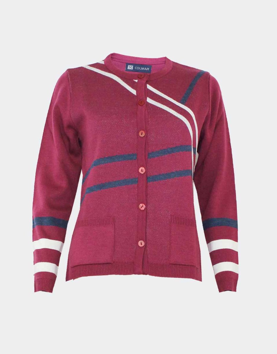 Chaqueta de mujer punto con cuello redondo botones y bolsillos con franjas cruzadas desiguales - Imagen 3