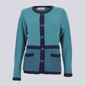 Chaqueta mujer punto cuello redondo con bolsillos, parte inferior franja nido de abeja