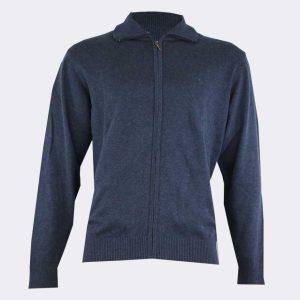Chaqueta hombre punto invierno algodón jaspeada con cremallera, cuello vuelto y bolsillos