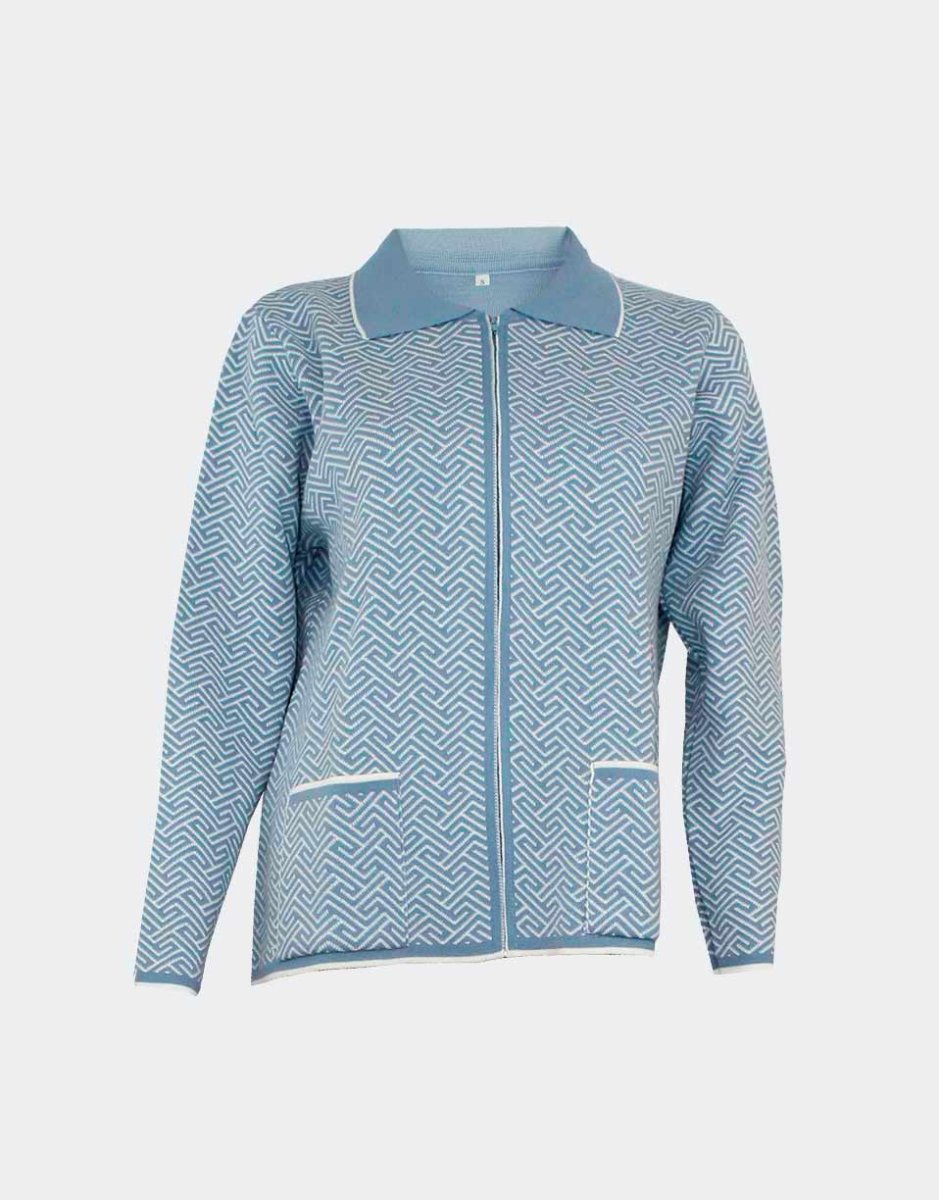 Chaqueta mujer de punto INVIERNO con cuello, cremallera, bolsillos, estampado geométrico