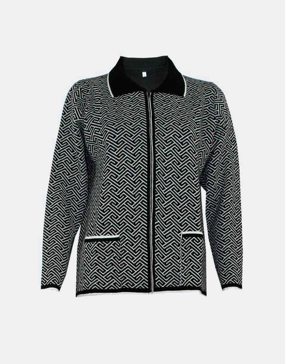 Chaqueta mujer de punto INVIERNO con cuello, cremallera, bolsillos, estampado geométrico - Imagen 5