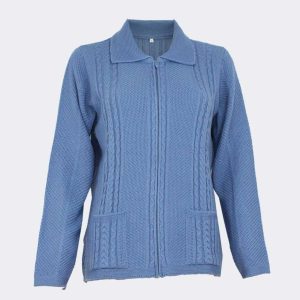 Chaqueta mujer punto INVIERNO con cuello, cremallera y bolsillos con relieve trenzas y nido de abeja