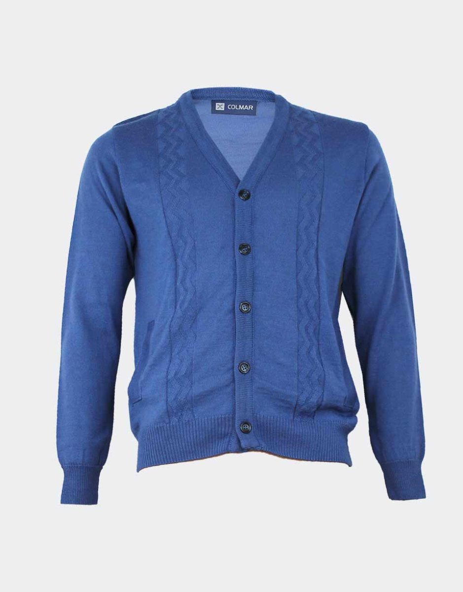Chaqueta hombre punto fino escote pico con botones y bolsillos y detalle relieve en el delantero
