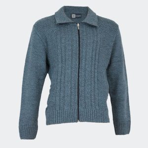 Chaqueta hombre de punto jaspeada con trenzas en el delantero con cuello, cremallera y bolsillos