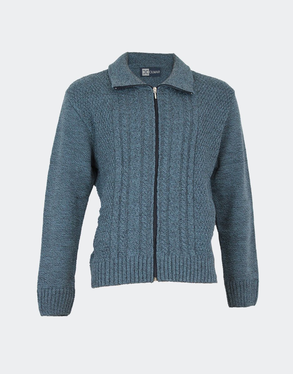 Chaqueta hombre de punto jaspeada con trenzas en el delantero con cuello, cremallera y bolsillos