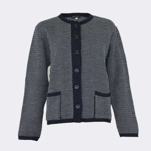 Chaqueta mujer punto cuello redondo con botones y bolsillos bicolor marino y blanco